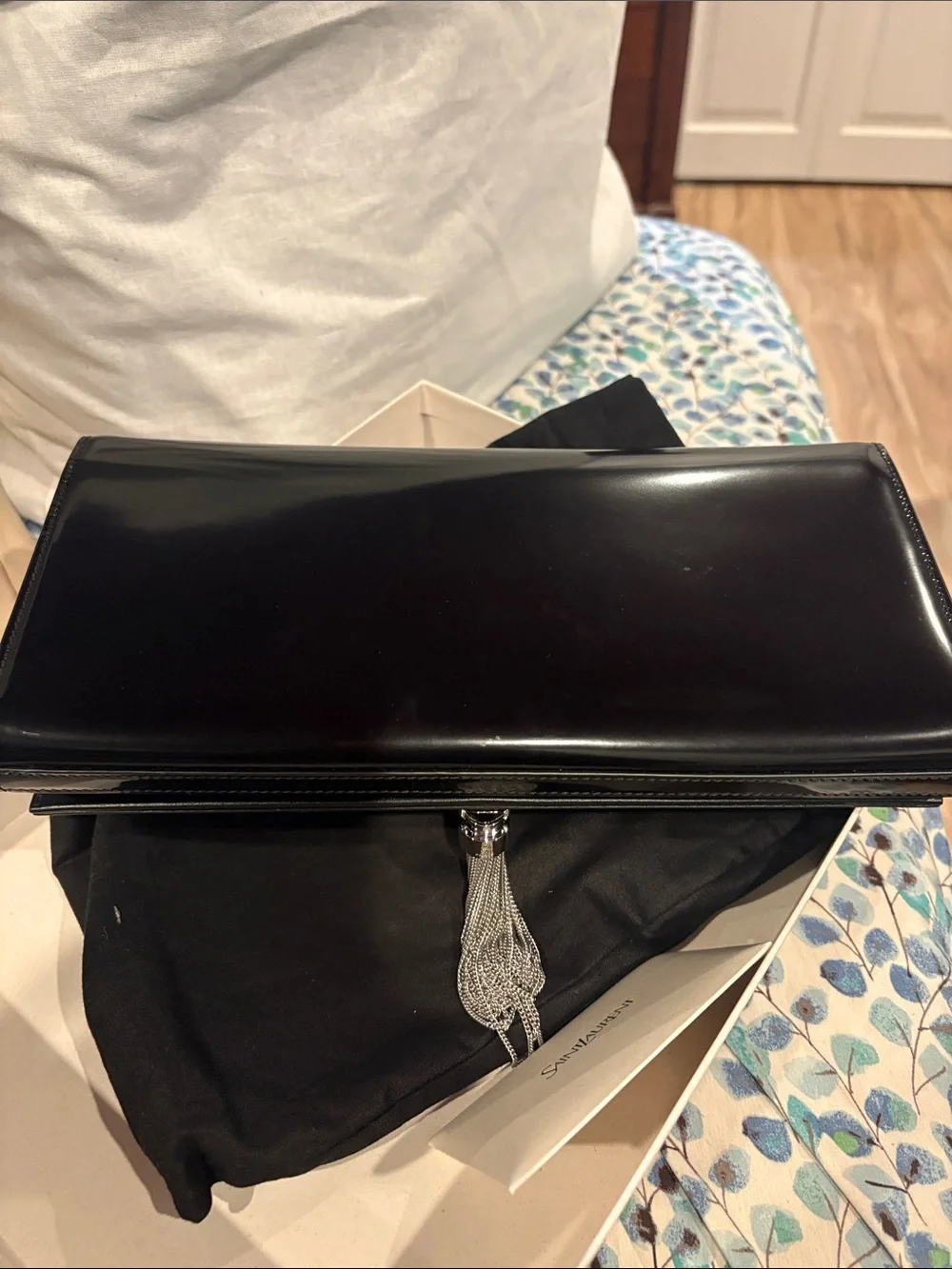 Saint Laurent Black Patent Leather Tassel YSL Clutch
